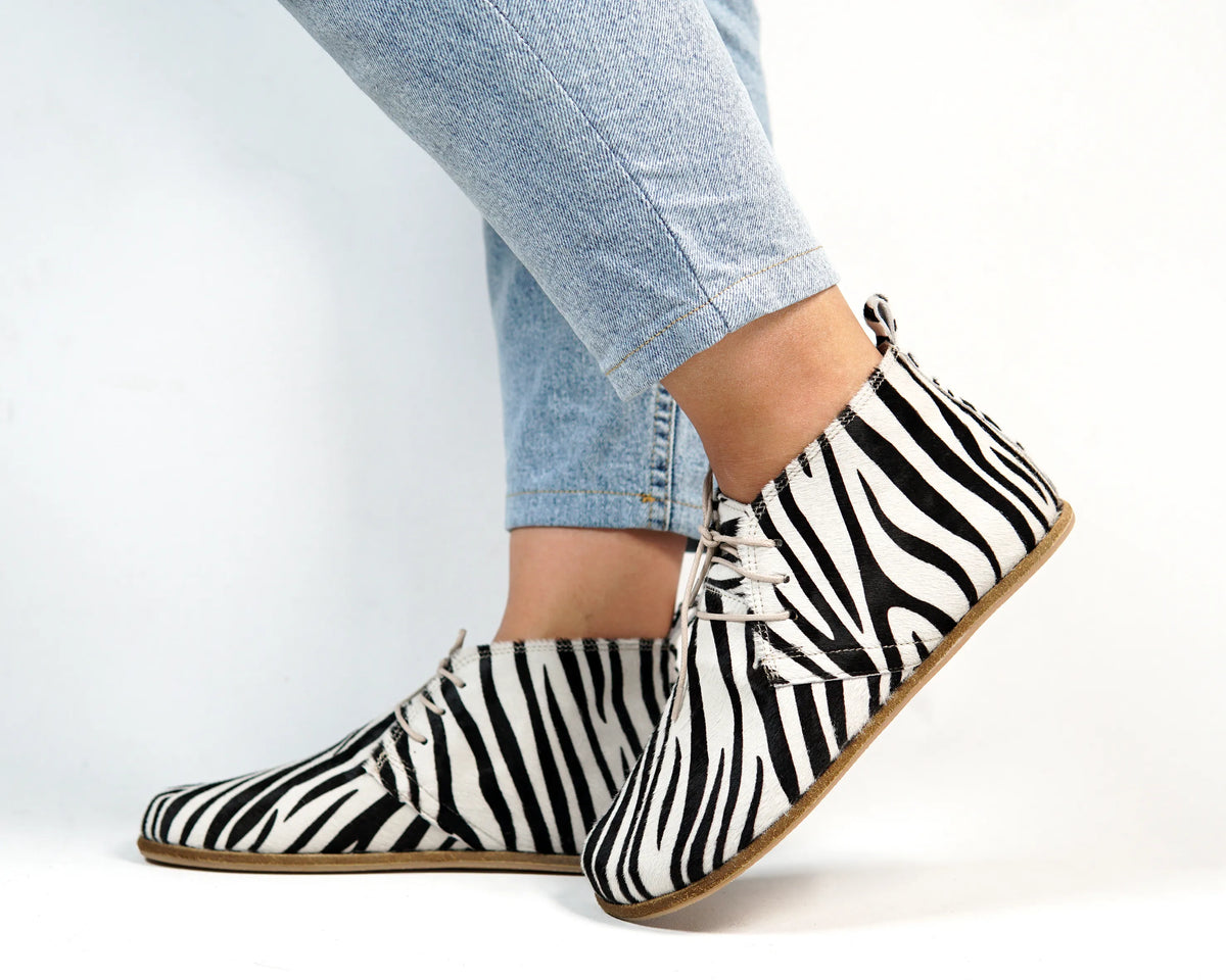 Crazy Barefoot Bootie Laces Shoes – Classic Sole — Leather Sole – Zebra