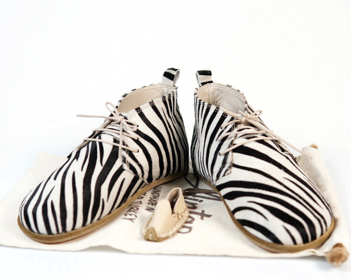 Crazy Barefoot Bootie Laces Shoes – Classic Sole — Leather Sole – Zebra