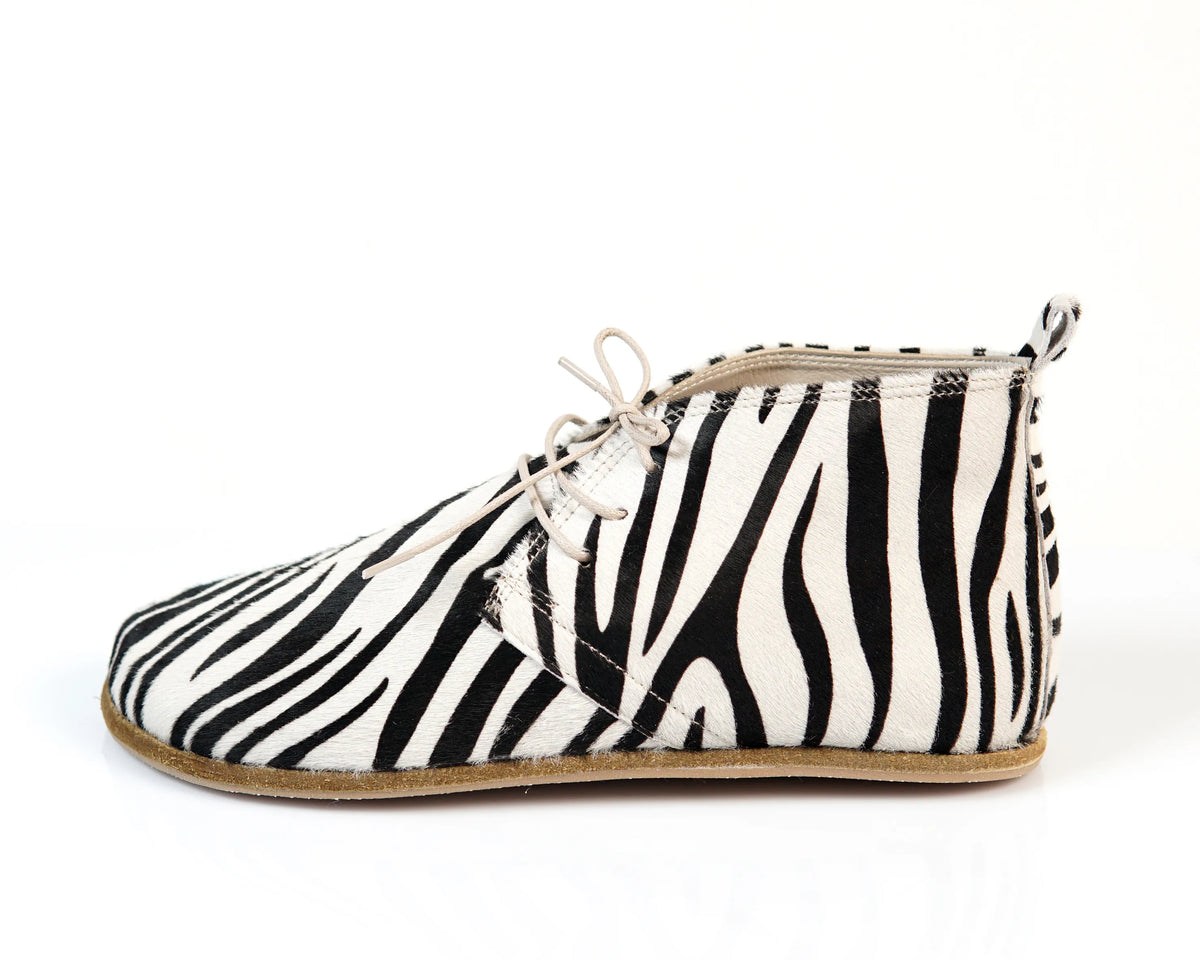 Crazy Barefoot Bootie Laces Shoes – Classic Sole — Leather Sole – Zebra