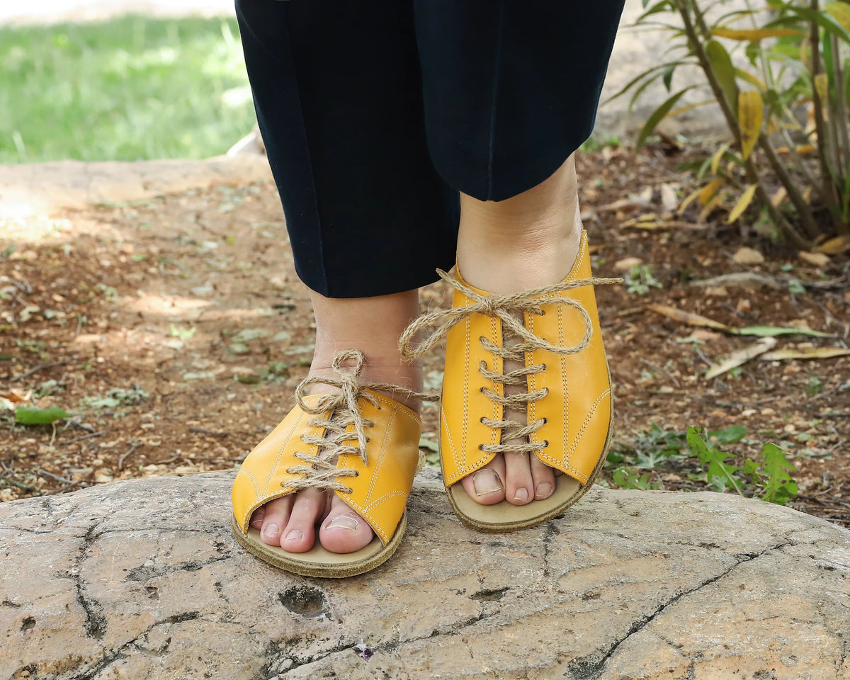 Smooth Barefoot Laces Sandals Shoes – Classic Sole — Leather Sole – Mustard