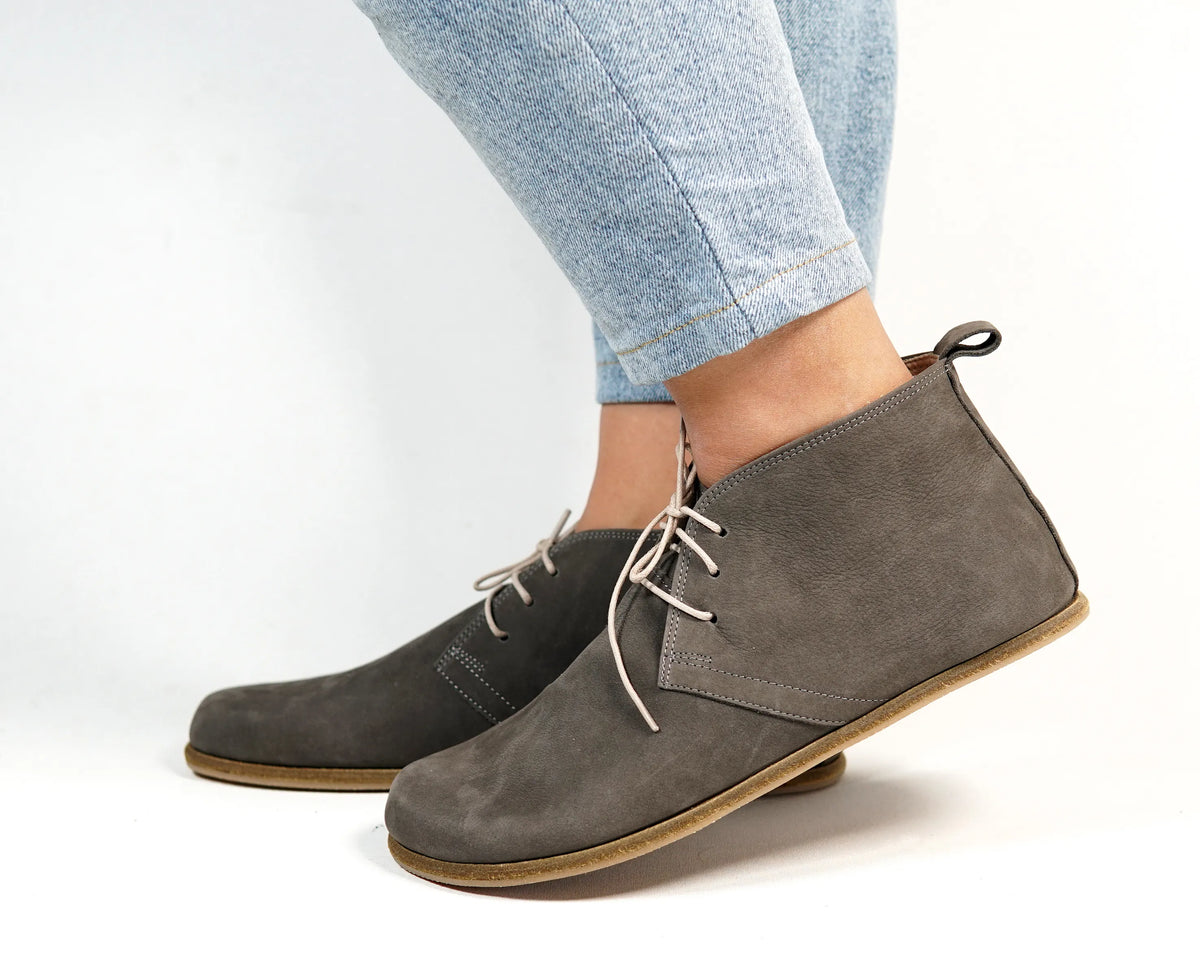 Nubuck Barefoot Bootie Laces Shoes – Classic Sole — Leather Sole – Gray
