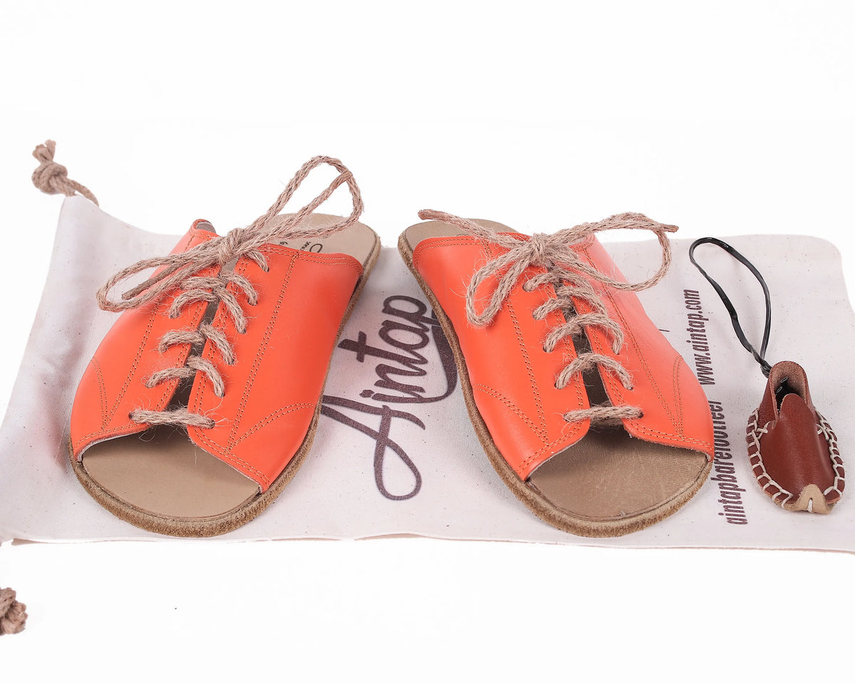 Smooth Barefoot Laces Sandals Shoes – Classic Sole — Leather Sole – Orange