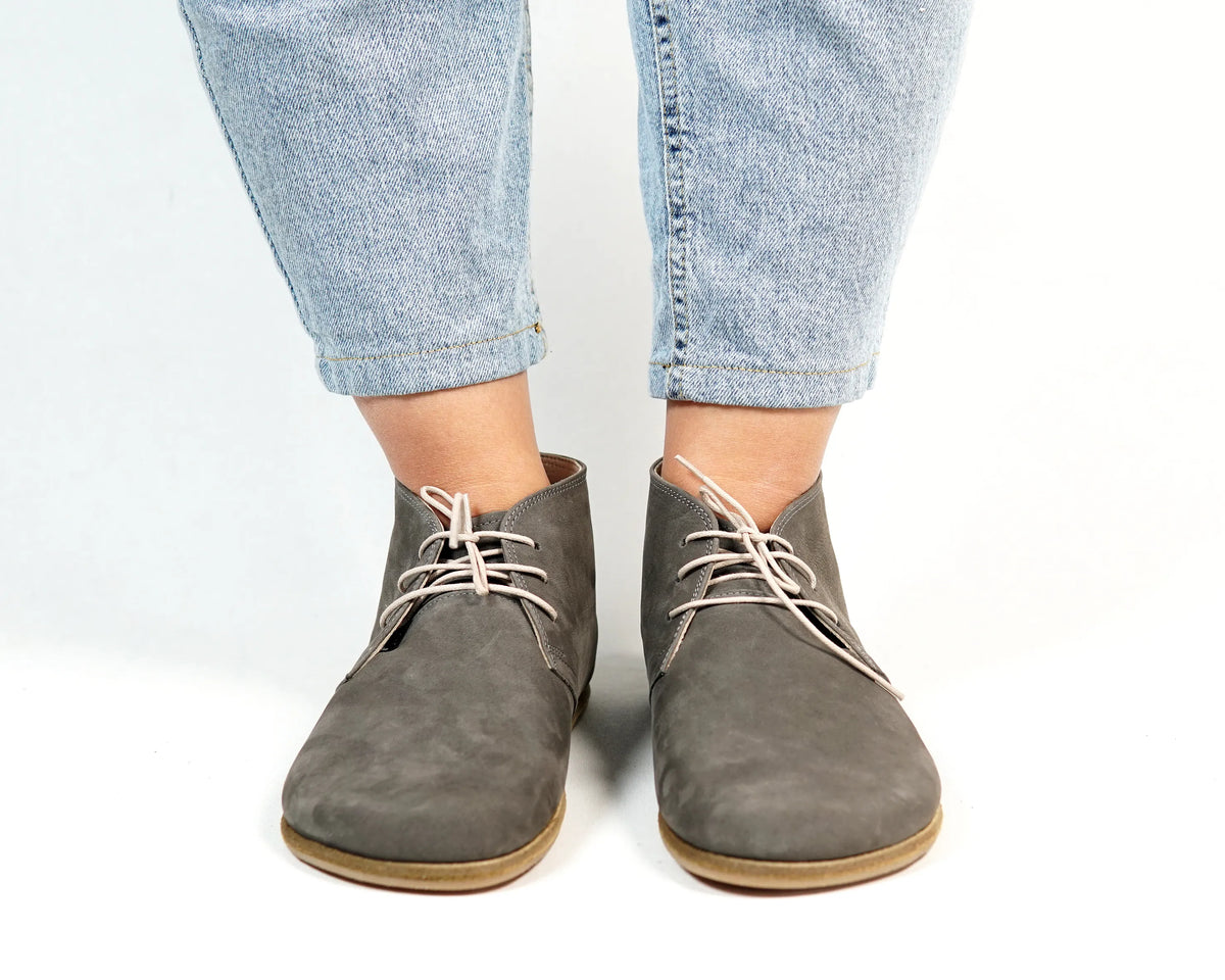 Nubuck Barefoot Bootie Laces Shoes – Classic Sole — Leather Sole – Gray