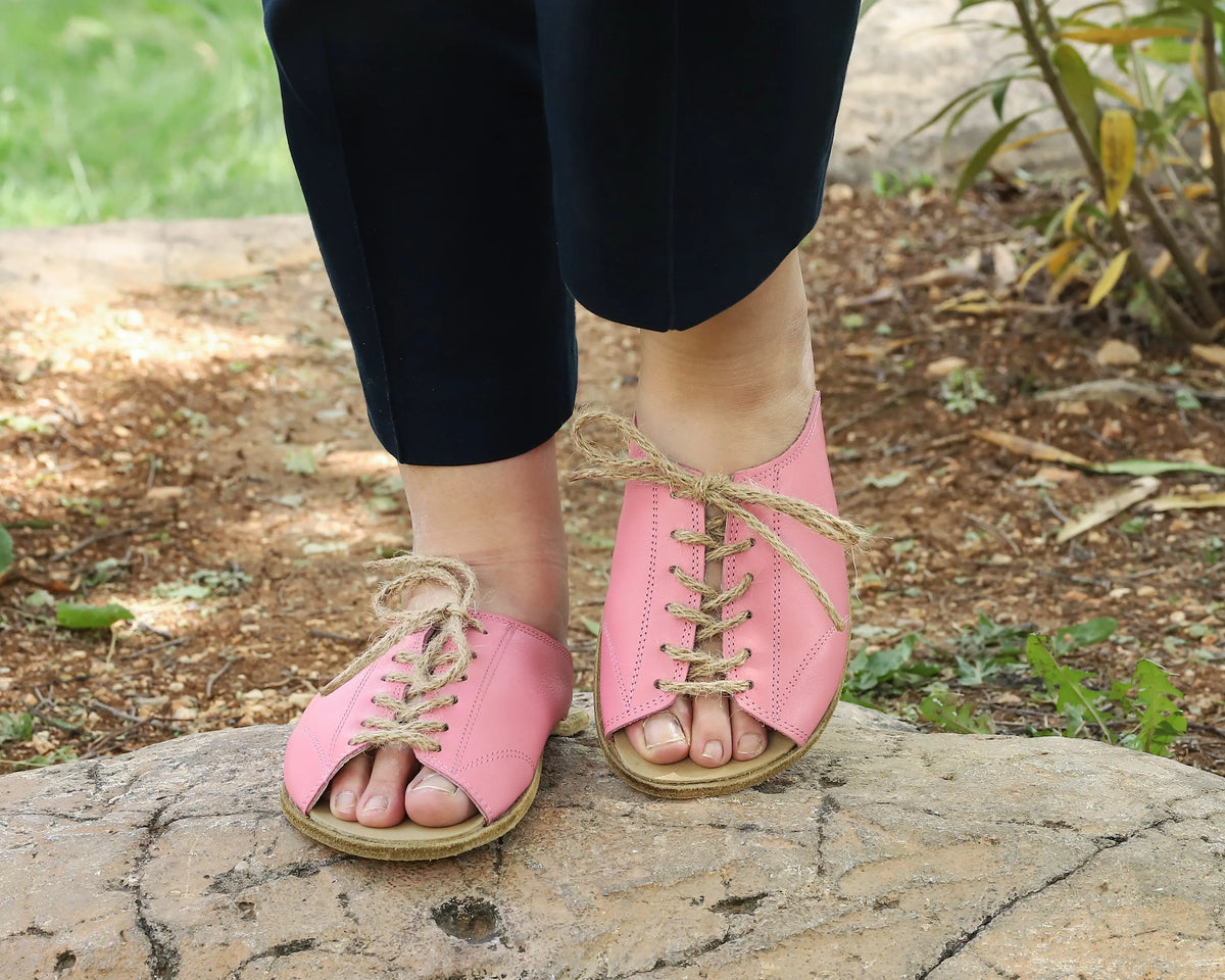 Smooth Barefoot Laces Sandals Shoes – Classic Sole — Leather Sole – Pink