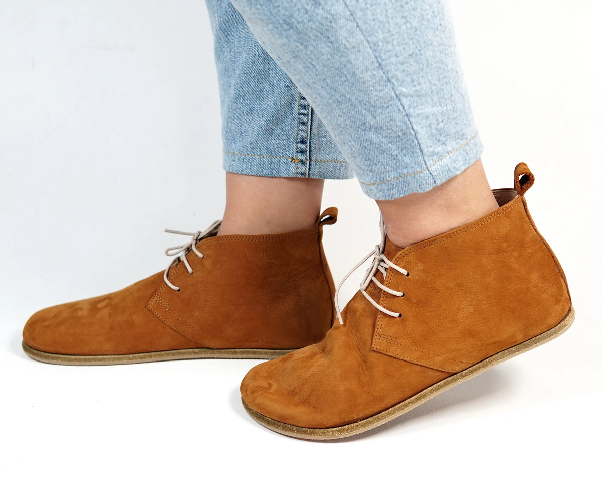 Nubuck Barefoot Bootie Laces Shoes – Classic Sole — Leather Sole – Tan