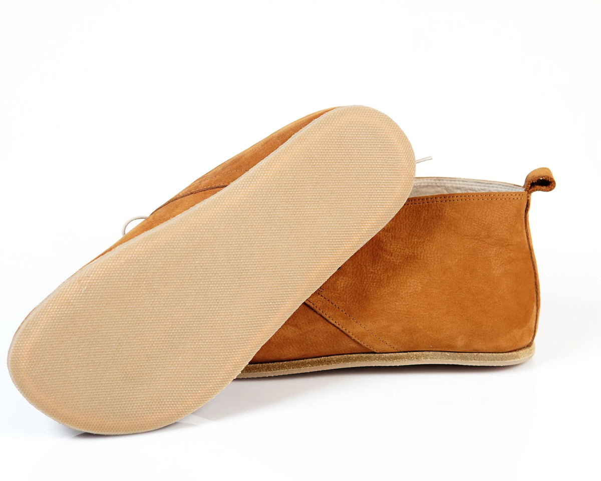 Nubuck Barefoot Bootie Laces Shoes – Classic Sole — Leather Sole – Tan