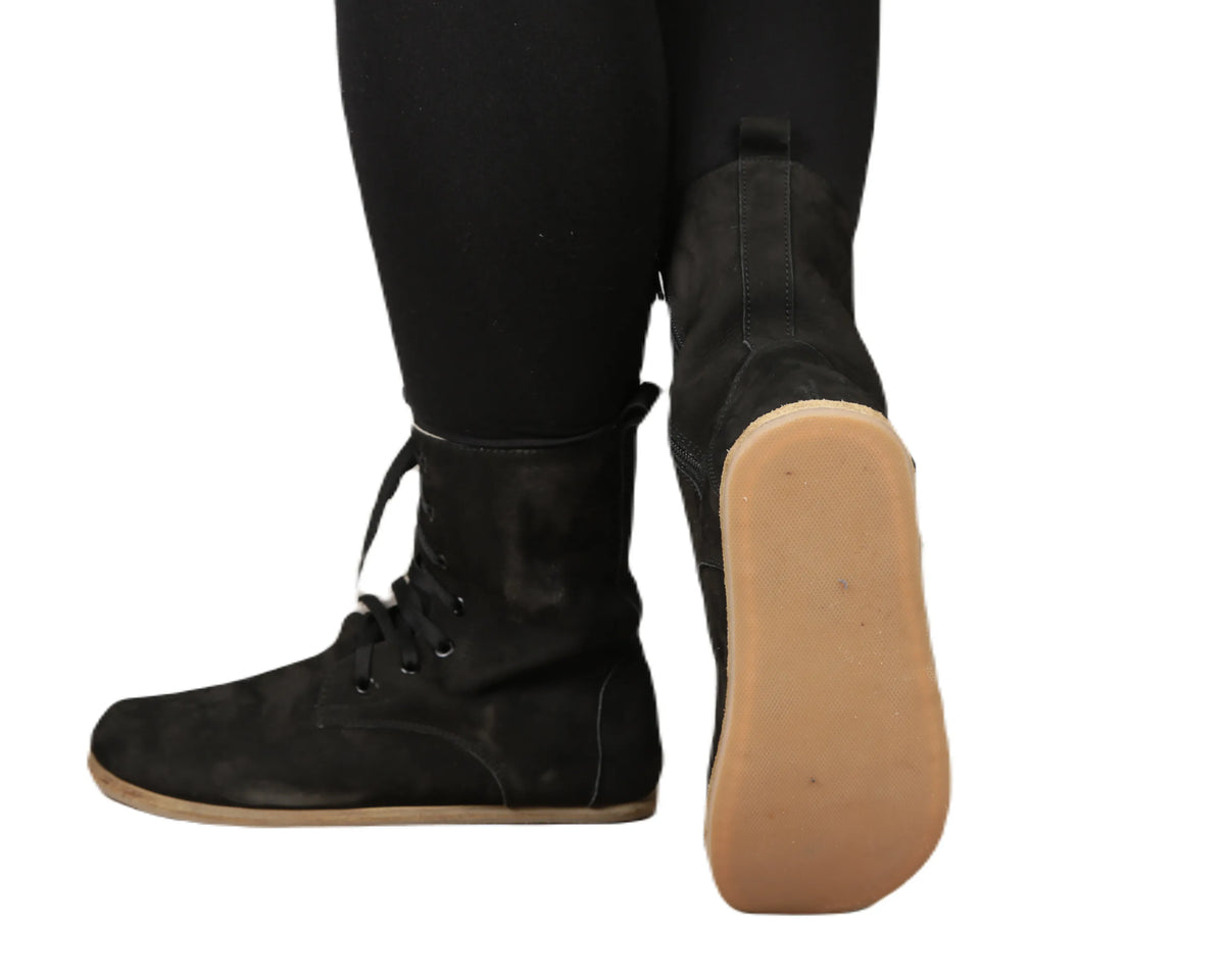 Nubuck Barefoot Long Boots Shoes – Classic Sole — Leather Sole – Black