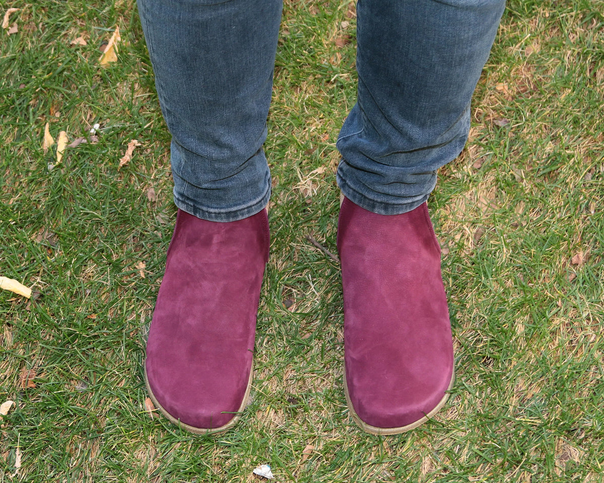 Nubuck Barefoot Chelsea Boots Shoes – Classic Sole — Leather Sole – Burgundy