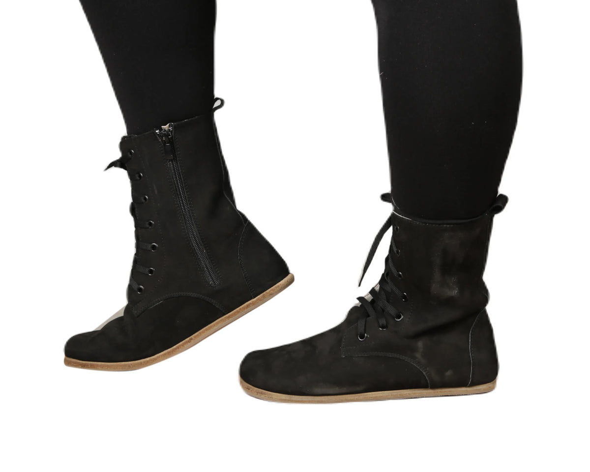 Nubuck Barefoot Long Boots Shoes – Classic Sole — Leather Sole – Black