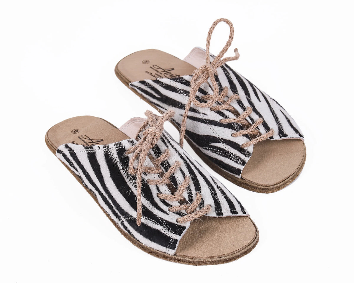 Hair Barefoot Laces Sandals Shoes – Classic Sole — Leather Sole – Zebra