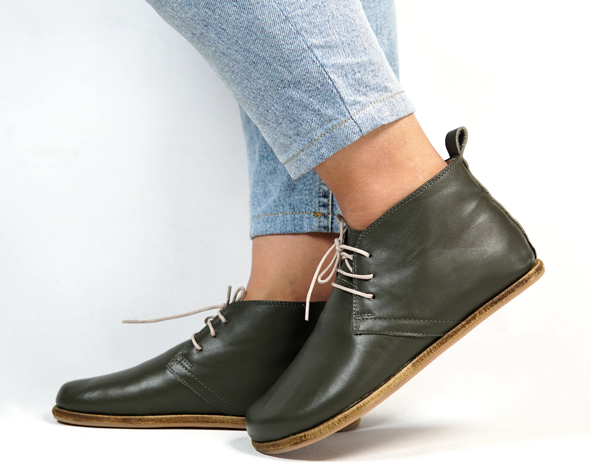 Smooth Barefoot Bootie Laces Shoes – Classic Sole — Leather Sole – Olive Green