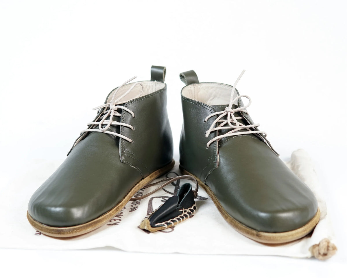 Smooth Barefoot Bootie Laces Shoes – Classic Sole — Leather Sole – Olive Green