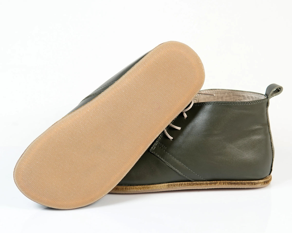 Smooth Barefoot Bootie Laces Shoes – Classic Sole — Leather Sole – Olive Green