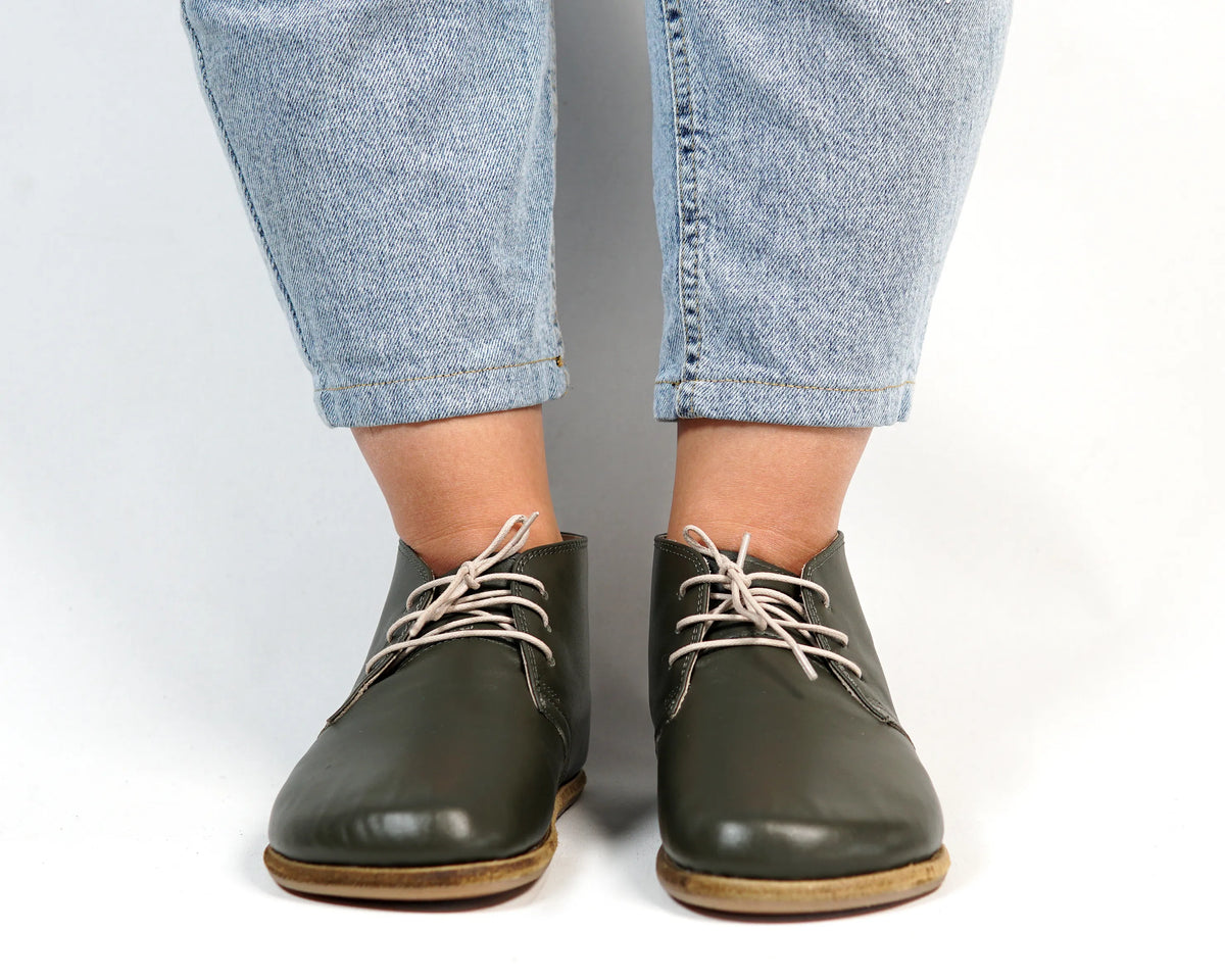 Smooth Barefoot Bootie Laces Shoes – Classic Sole — Leather Sole – Olive Green