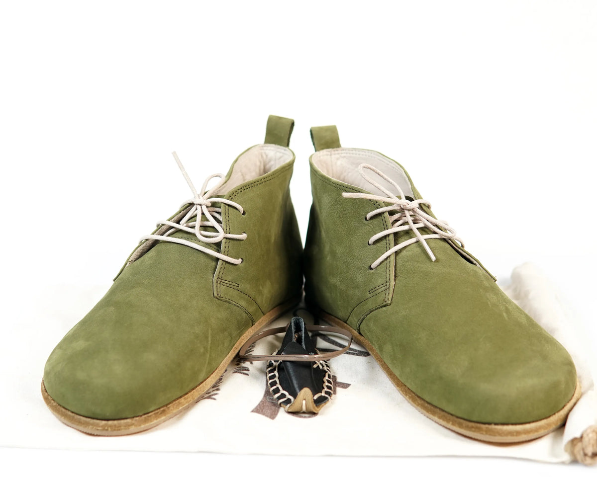 Nubuck Barefoot Bootie Laces Shoes – Classic Sole — Leather Sole – Green