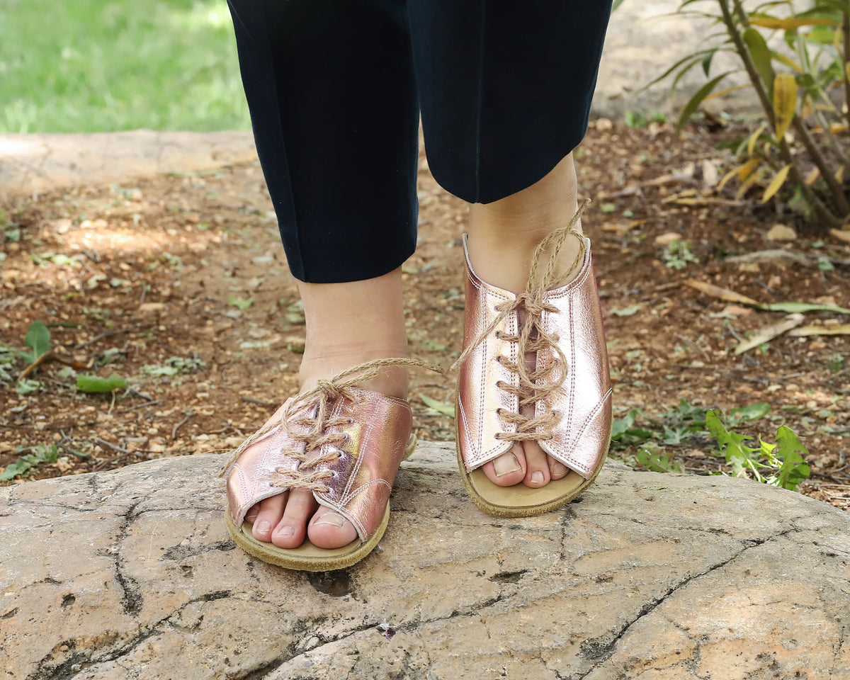 Bright Barefoot Laces Sandals Shoes – Classic Sole — Leather Sole – Rose Gold