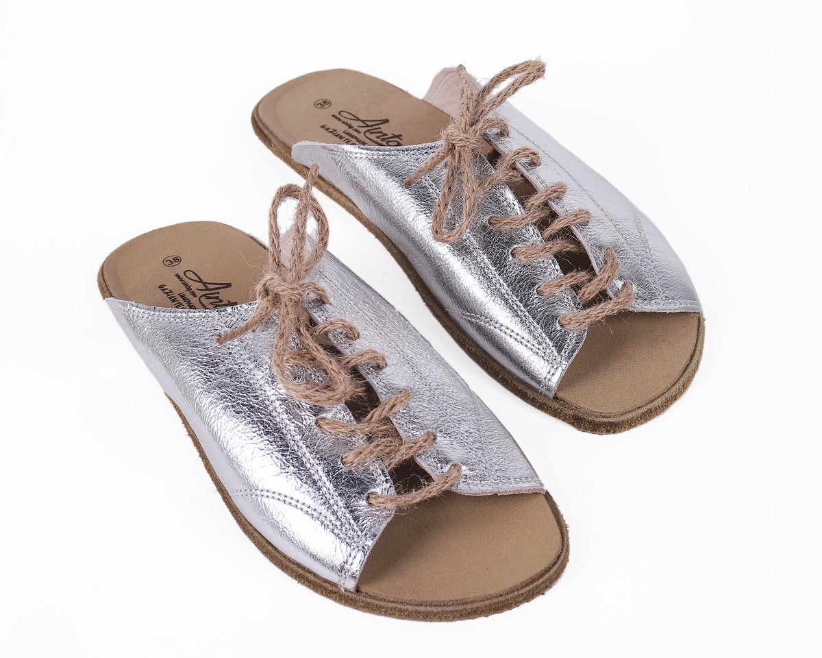 Bright Barefoot Laces Sandals Shoes – Classic Sole — Leather Sole – Silver