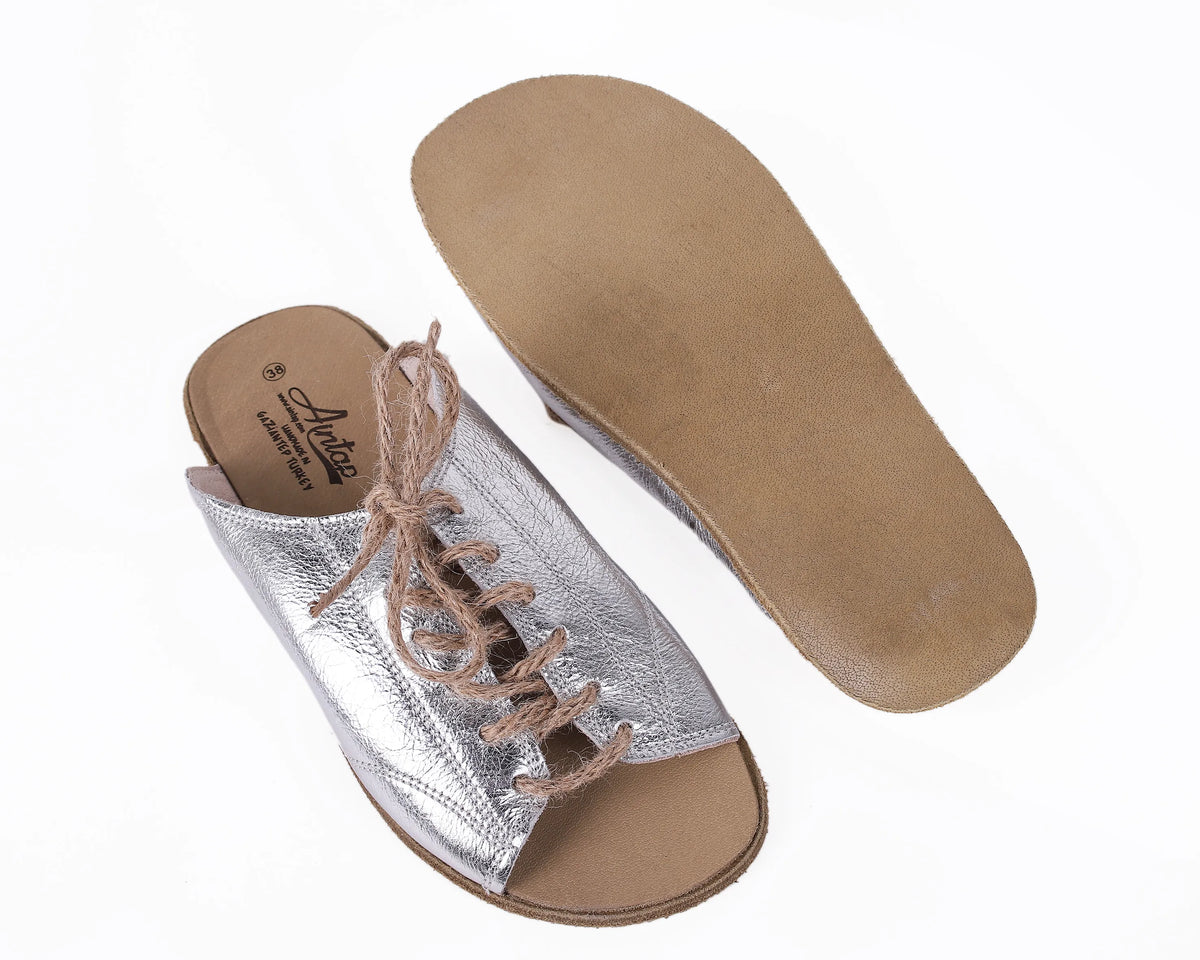 Bright Barefoot Laces Sandals Shoes – Classic Sole — Leather Sole – Silver