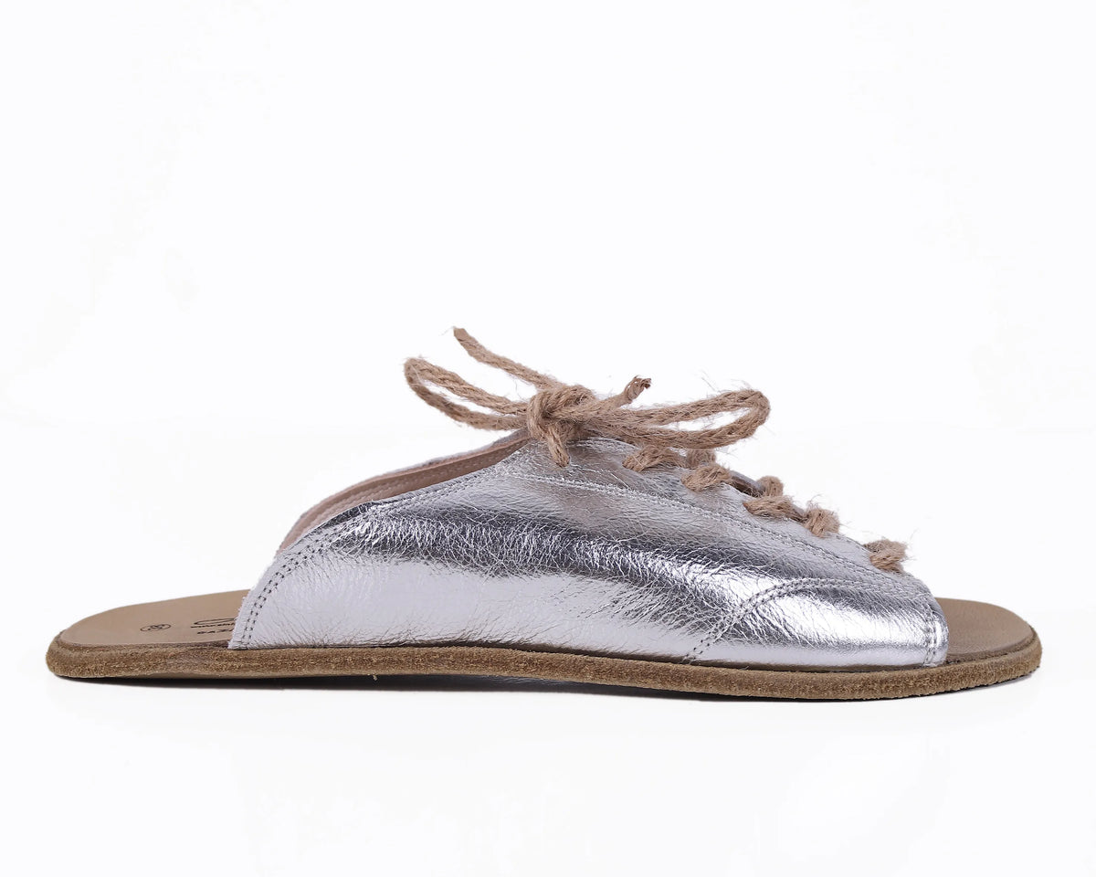 Bright Barefoot Laces Sandals Shoes – Classic Sole — Leather Sole – Silver