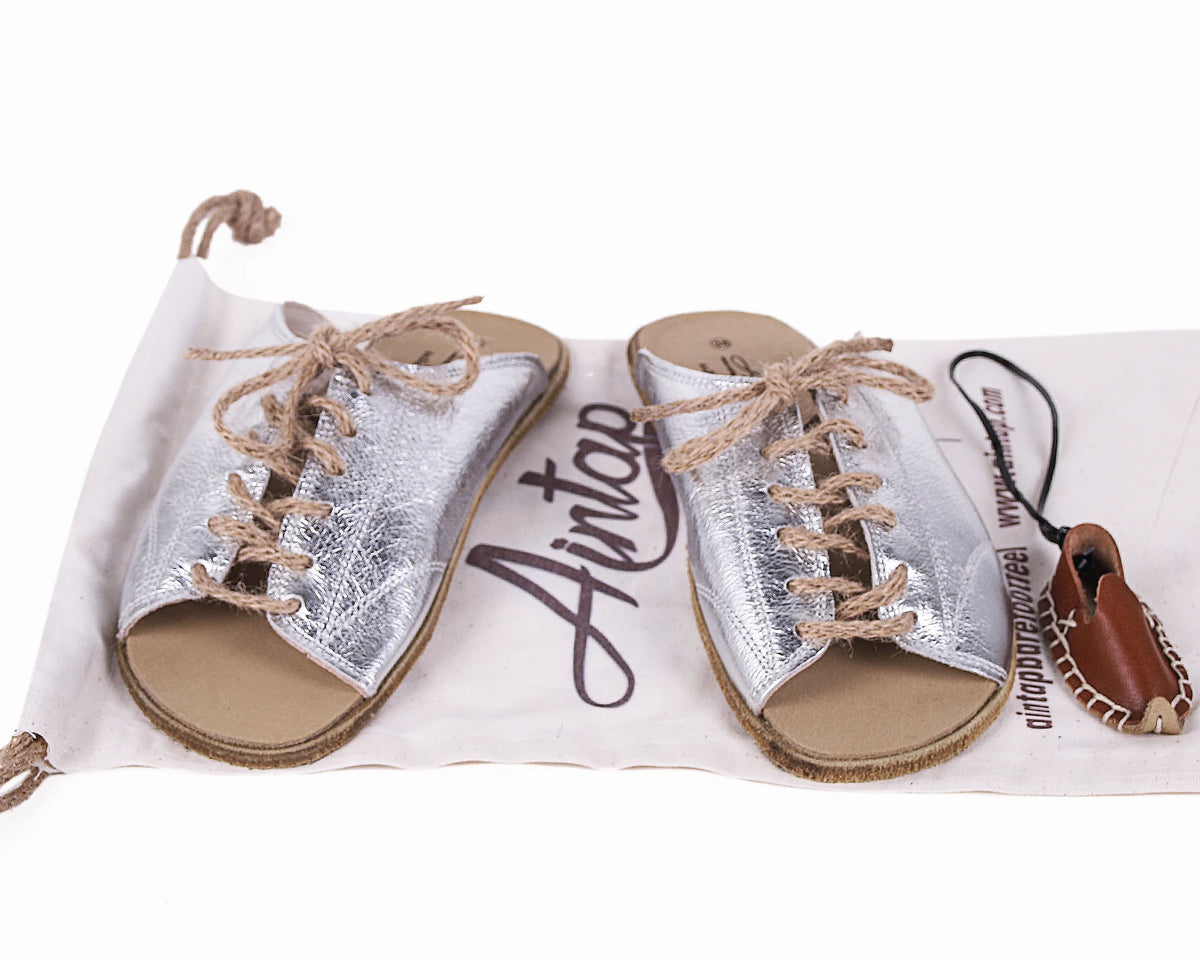 Bright Barefoot Laces Sandals Shoes – Classic Sole — Leather Sole – Silver