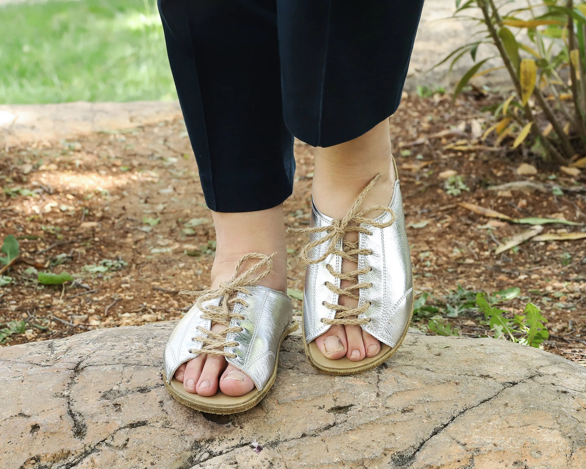 Bright Barefoot Laces Sandals Shoes – Classic Sole — Leather Sole – Silver