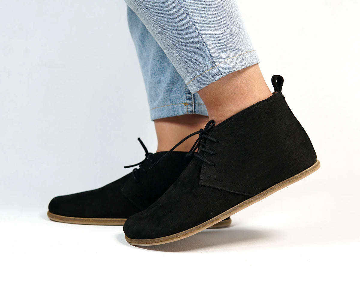 Nubuck Barefoot Bootie Laces Shoes – Classic Sole — Leather Sole – Black