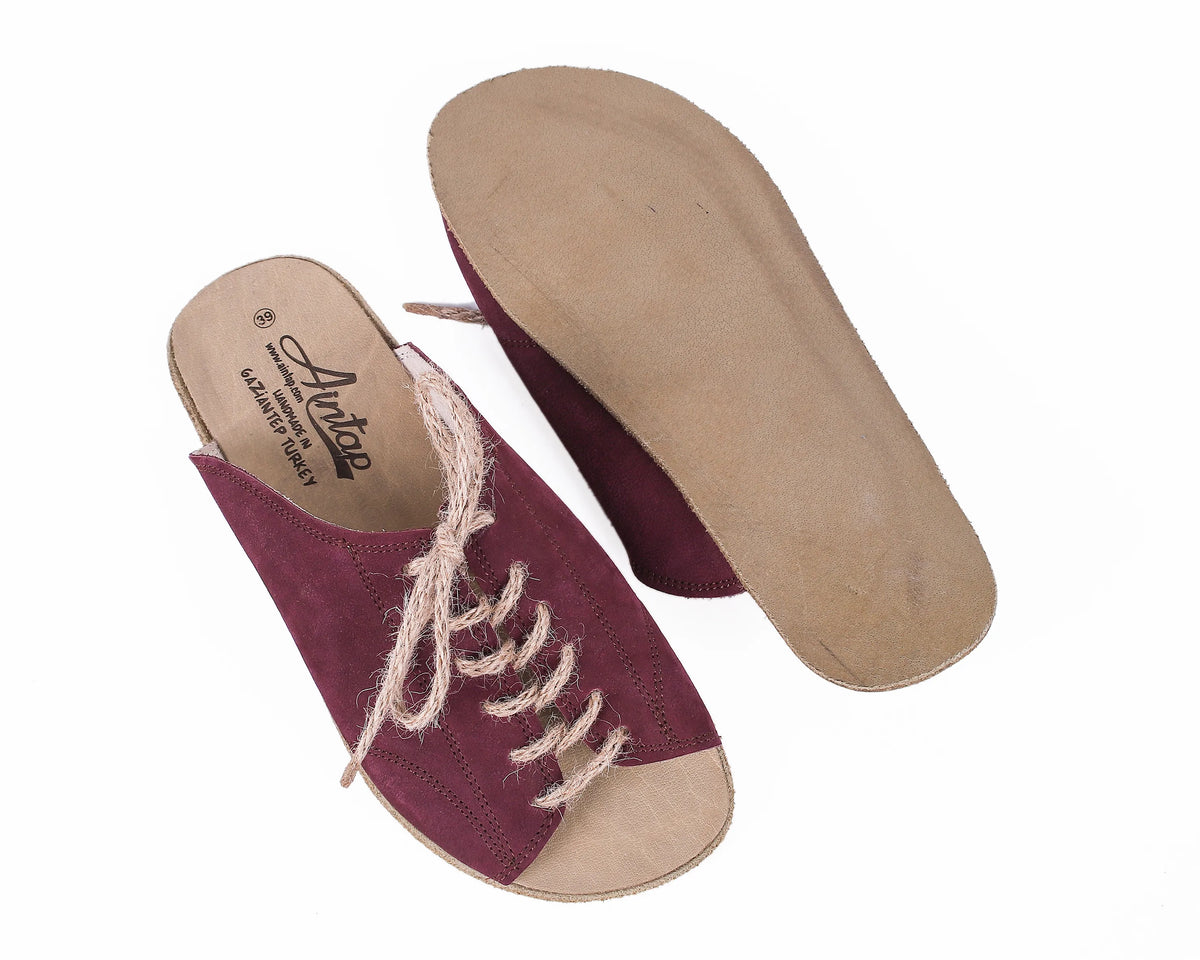 Nubuck Barefoot Laces Sandals Shoes – Classic Sole — Leather Sole – Burgundy