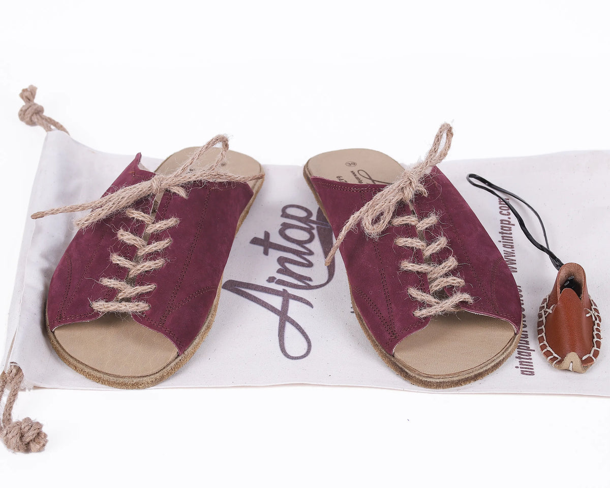 Nubuck Barefoot Laces Sandals Shoes – Classic Sole — Leather Sole – Burgundy