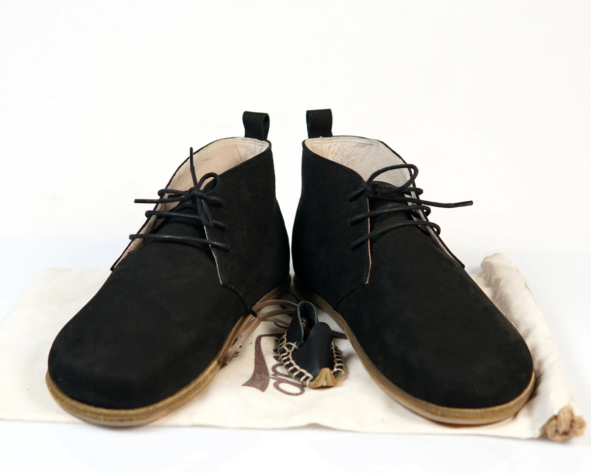 Nubuck Barefoot Bootie Laces Shoes – Classic Sole — Leather Sole – Black