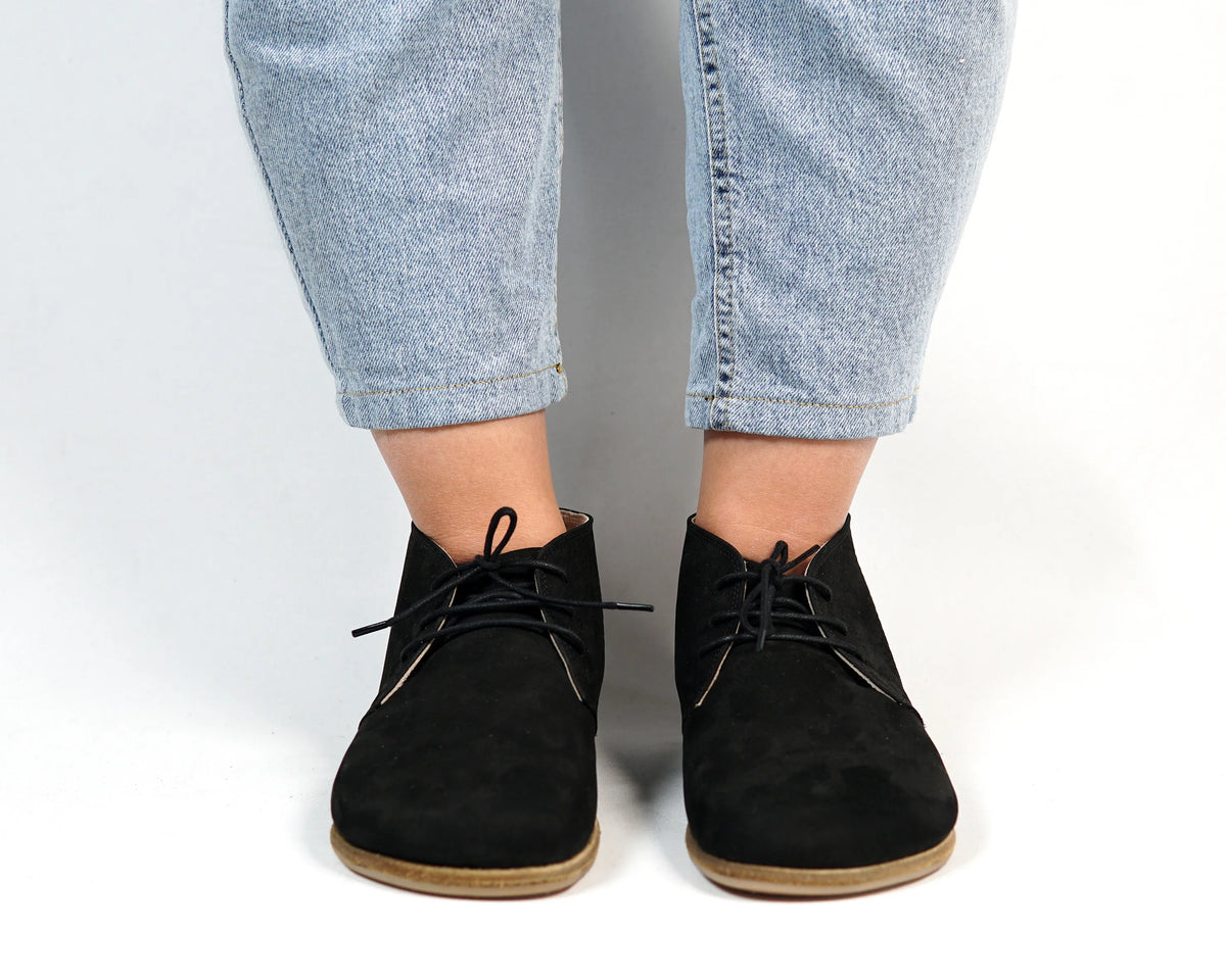Nubuck Barefoot Bootie Laces Shoes – Classic Sole — Leather Sole – Black