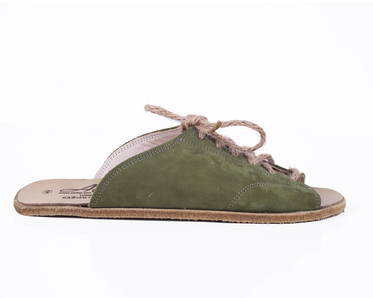 Nubuck Barefoot Laces Sandals Shoes – Classic Sole — Leather Sole – Green