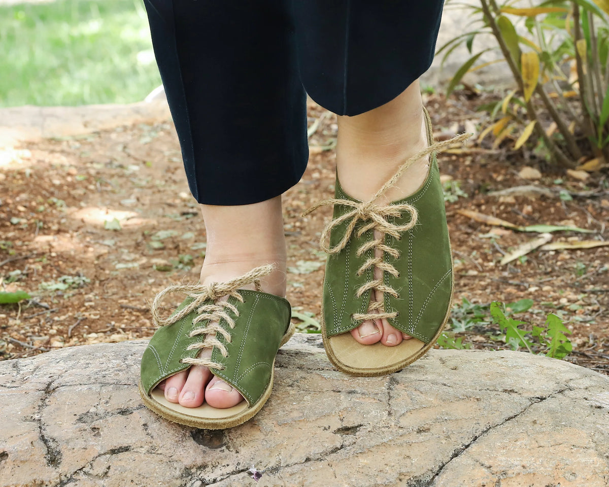 Nubuck Barefoot Laces Sandals Shoes – Classic Sole — Leather Sole – Green