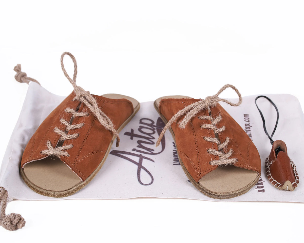 Nubuck Barefoot Laces Sandals Shoes – Classic Sole — Leather Sole – Tan