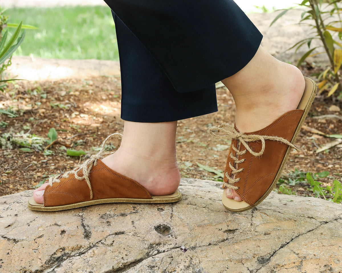 Nubuck Barefoot Laces Sandals Shoes – Classic Sole — Leather Sole – Tan