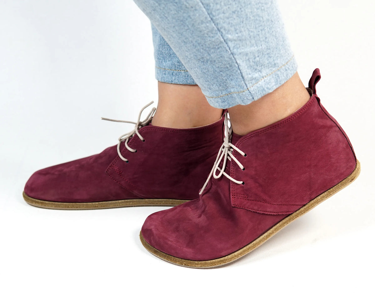 Nubuck Barefoot Bootie Laces Shoes – Classic Sole — Leather Sole – Burgundy