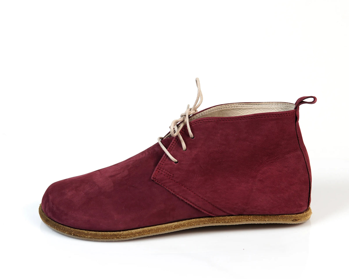 Nubuck Barefoot Bootie Laces Shoes – Classic Sole — Leather Sole – Burgundy