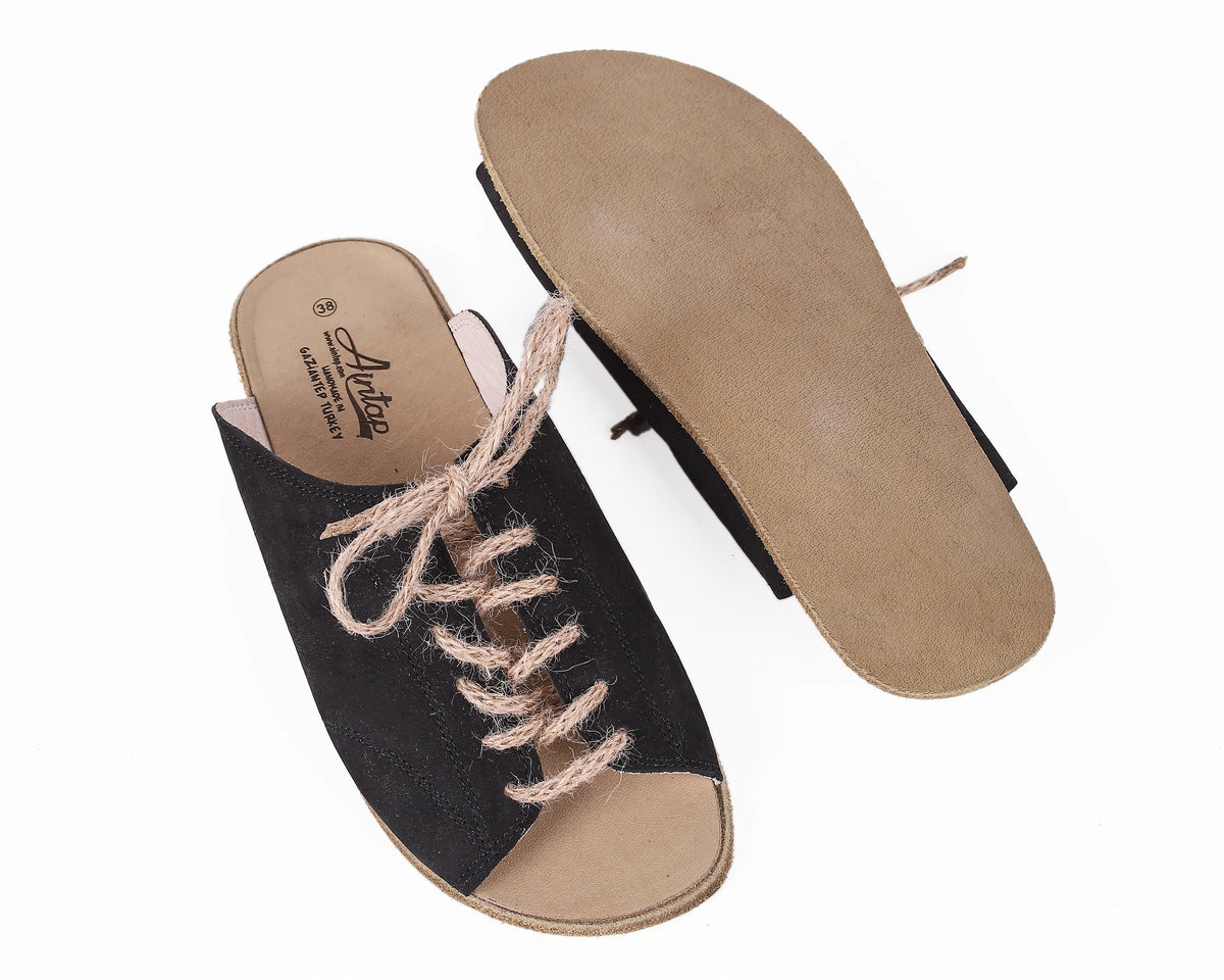 Nubuck Barefoot Laces Sandals Shoes – Classic Sole — Leather Sole – Black