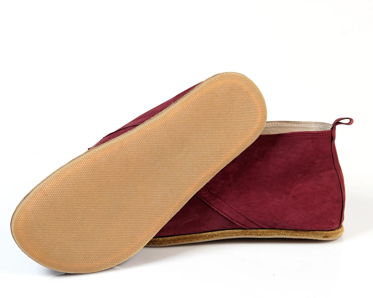 Nubuck Barefoot Bootie Laces Shoes – Classic Sole — Leather Sole – Burgundy