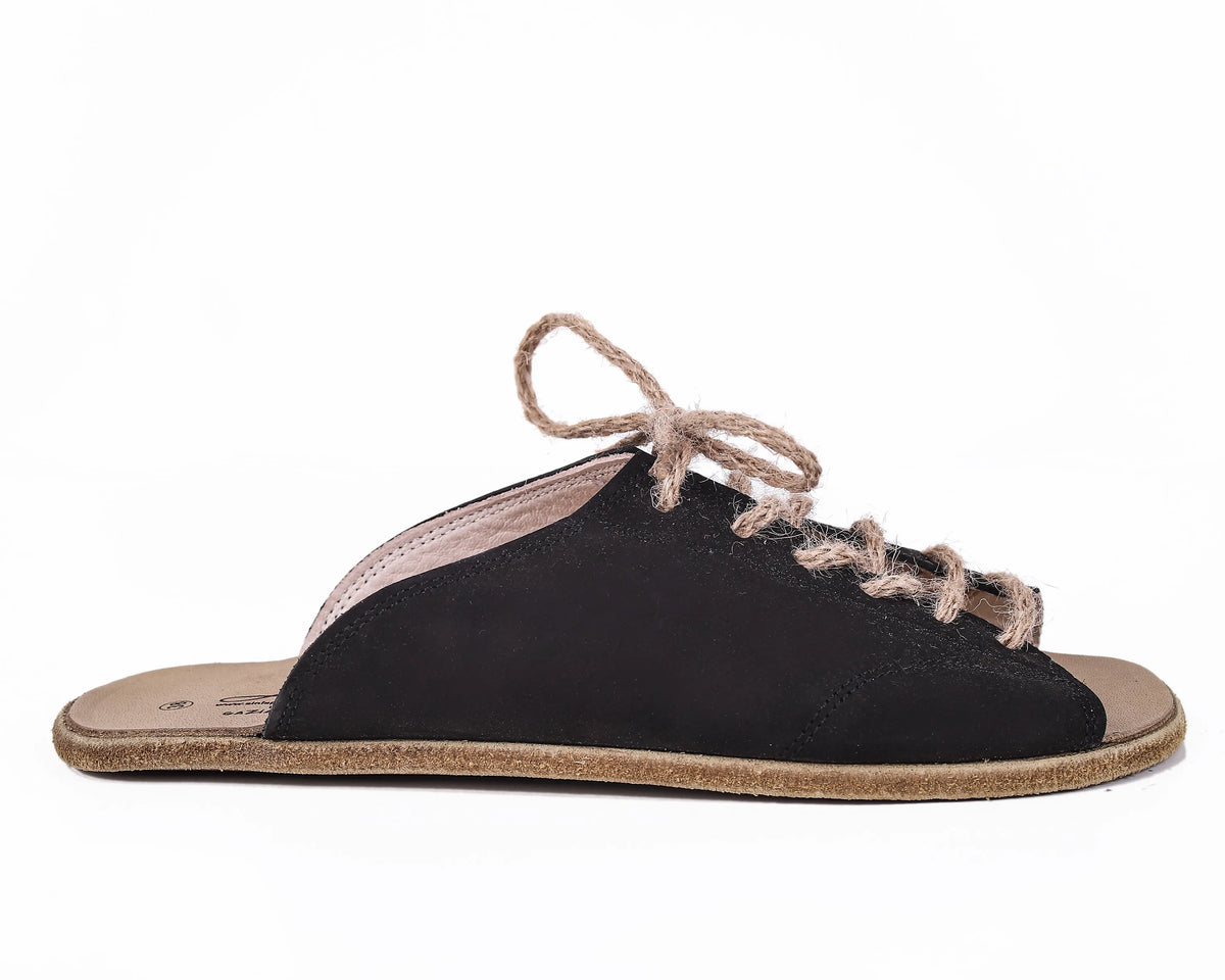 Nubuck Barefoot Laces Sandals Shoes – Classic Sole — Leather Sole – Black