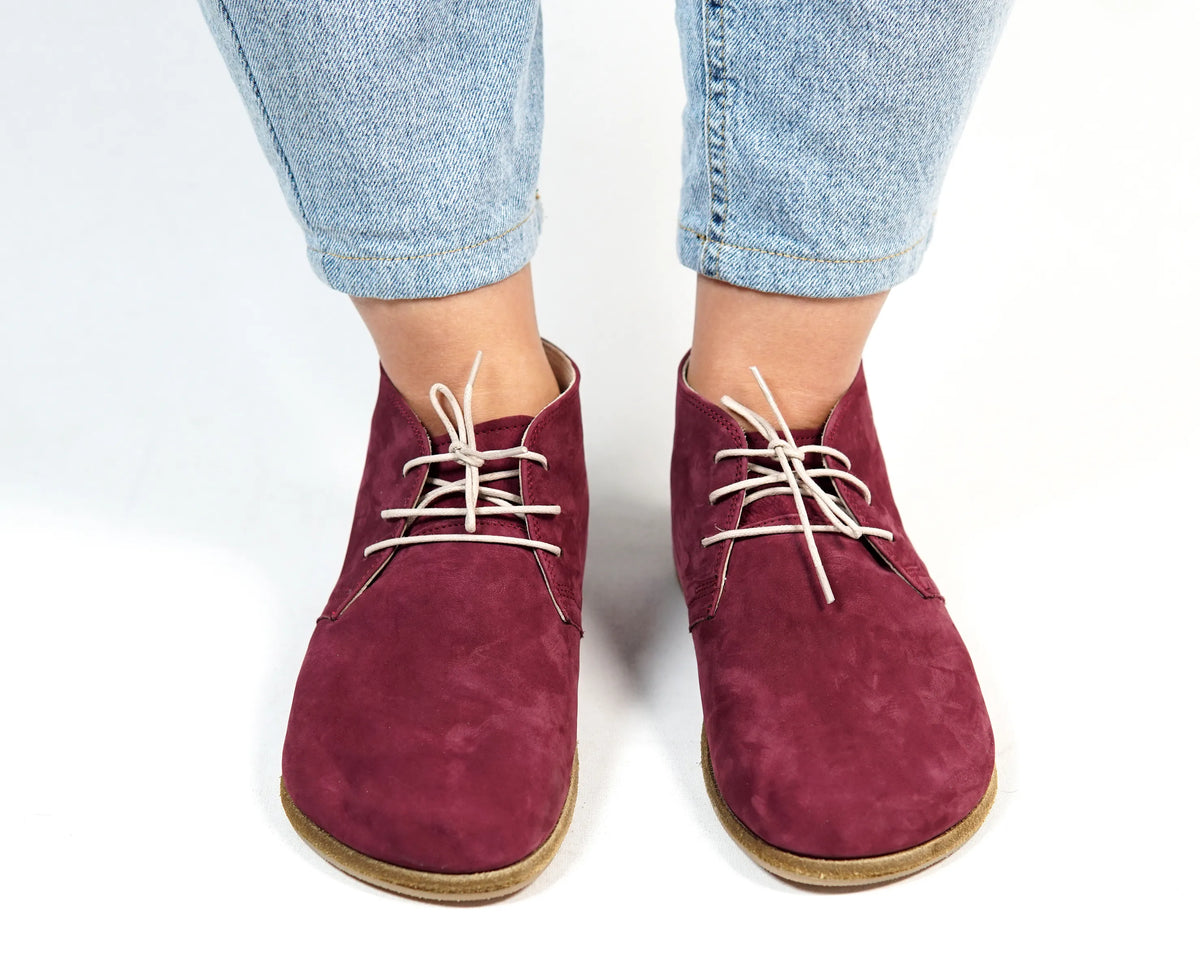 Nubuck Barefoot Bootie Laces Shoes – Classic Sole — Leather Sole – Burgundy