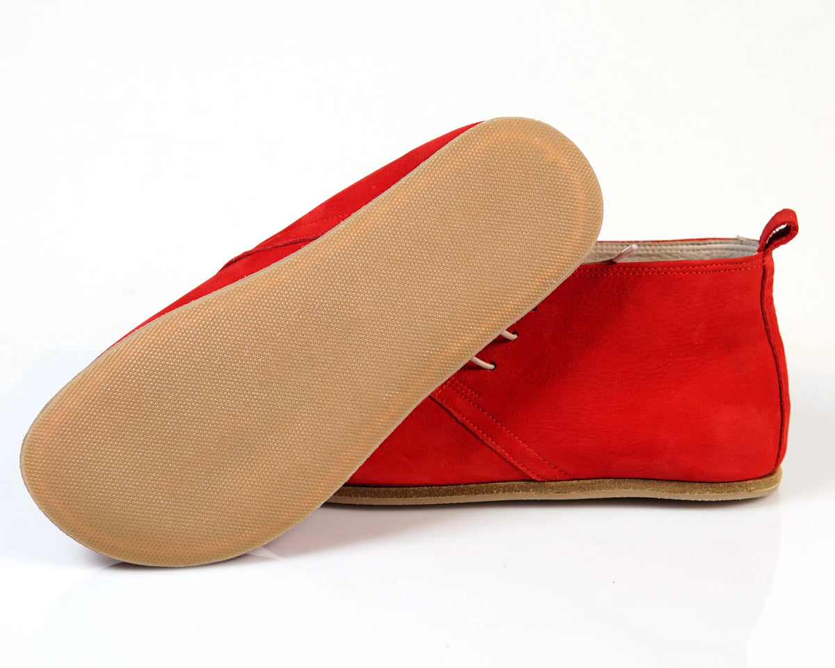 Nubuck Barefoot Bootie Laces Shoes – Classic Sole — Leather Sole – Red