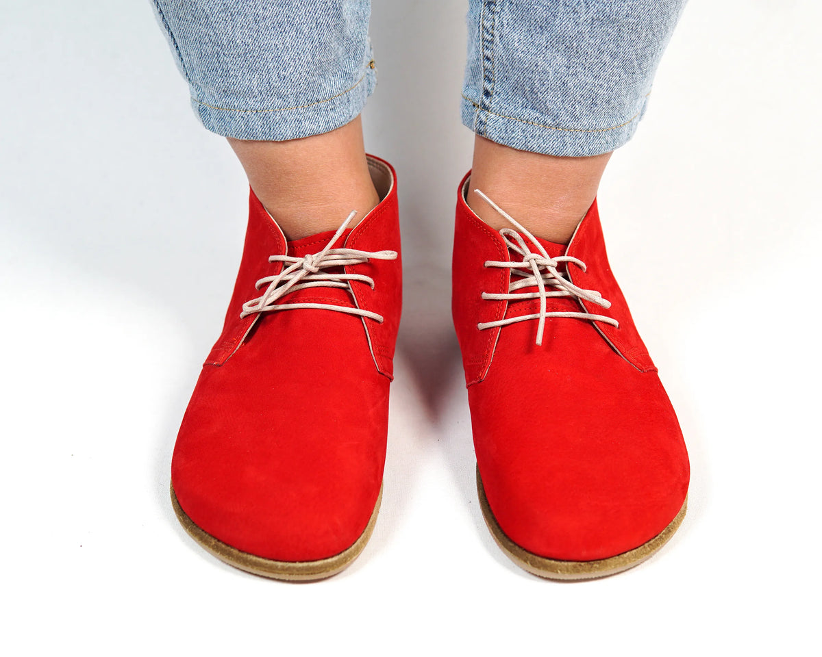Nubuck Barefoot Bootie Laces Shoes – Classic Sole — Leather Sole – Red