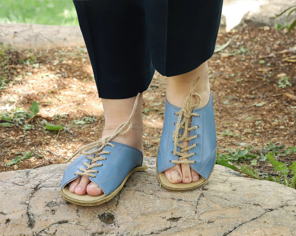 Smooth Barefoot Laces Sandals Shoes – Classic Sole — Leather Sole – Bright Blue