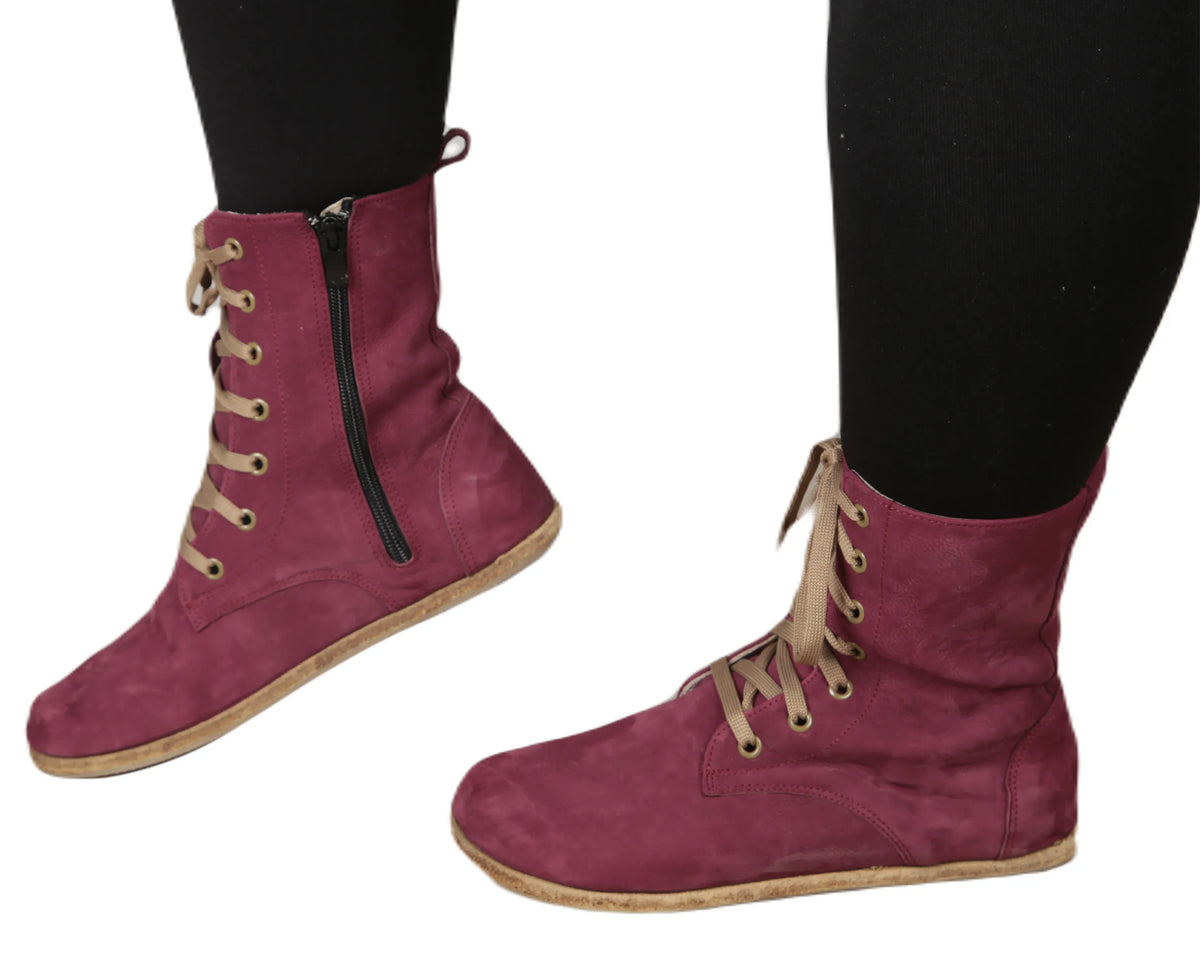 Nubuck Barefoot Long Boots Shoes – Classic Sole — Leather Sole – Burgundy