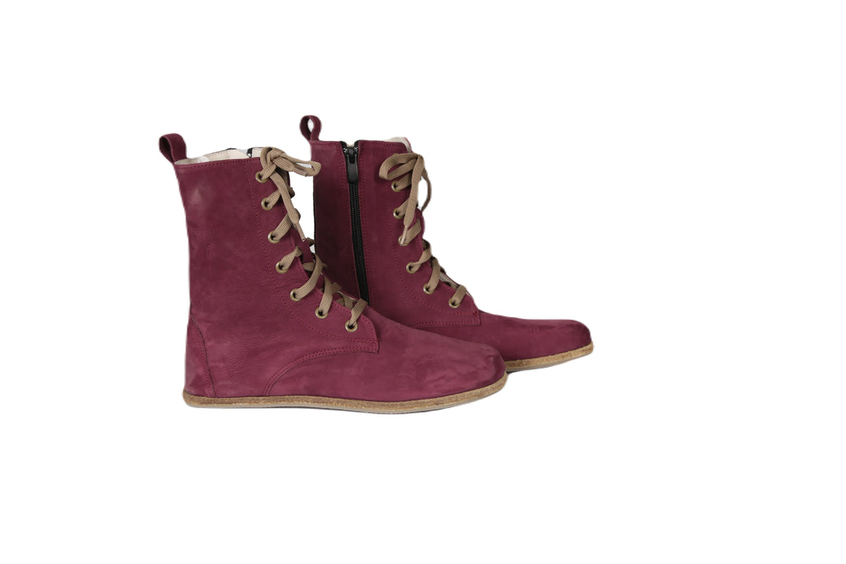 Nubuck Barefoot Long Boots Shoes – Classic Sole — Leather Sole – Burgundy