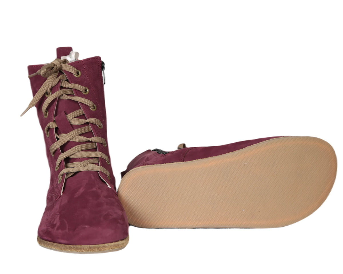 Nubuck Barefoot Long Boots Shoes – Classic Sole — Leather Sole – Burgundy