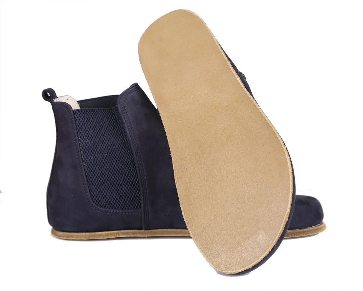 Nubuck Barefoot Chelsea Boots Shoes – Classic Sole — Leather Sole – Navy Blue