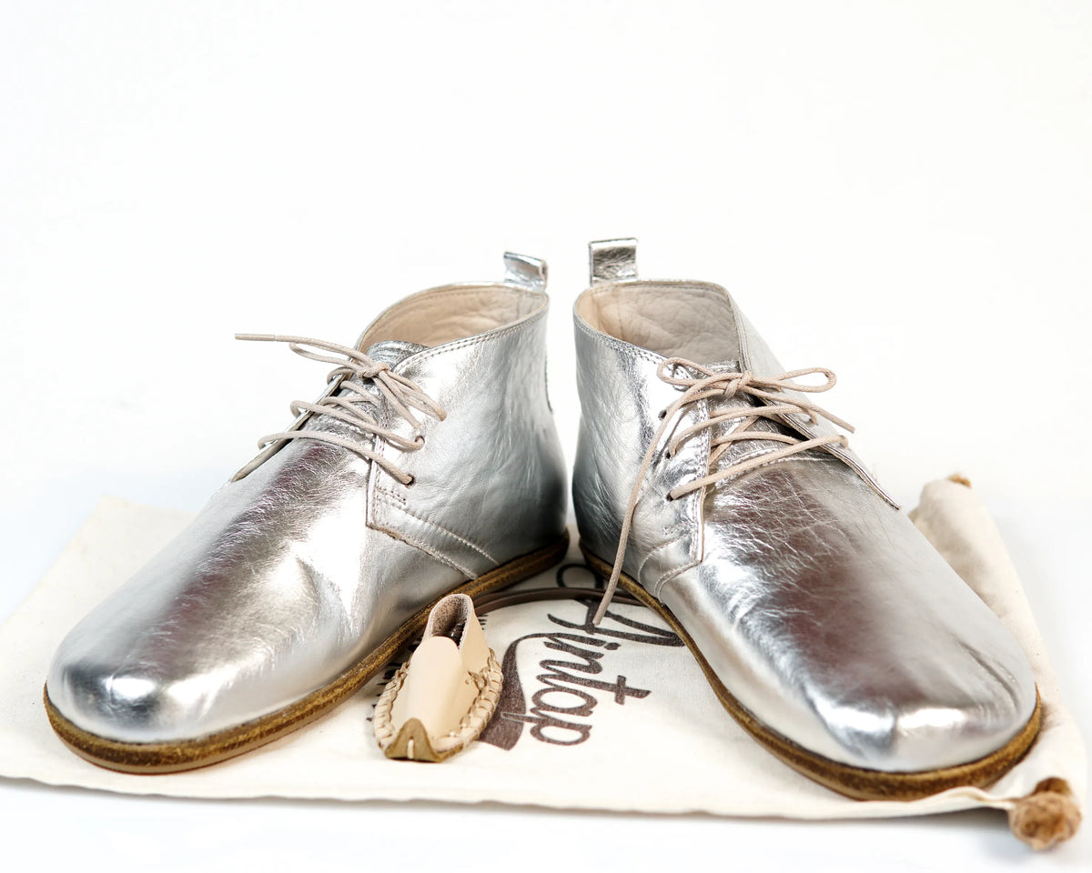 Bright Barefoot Bootie Leather Shoes – Classic Sole — Leather Sole – Silver