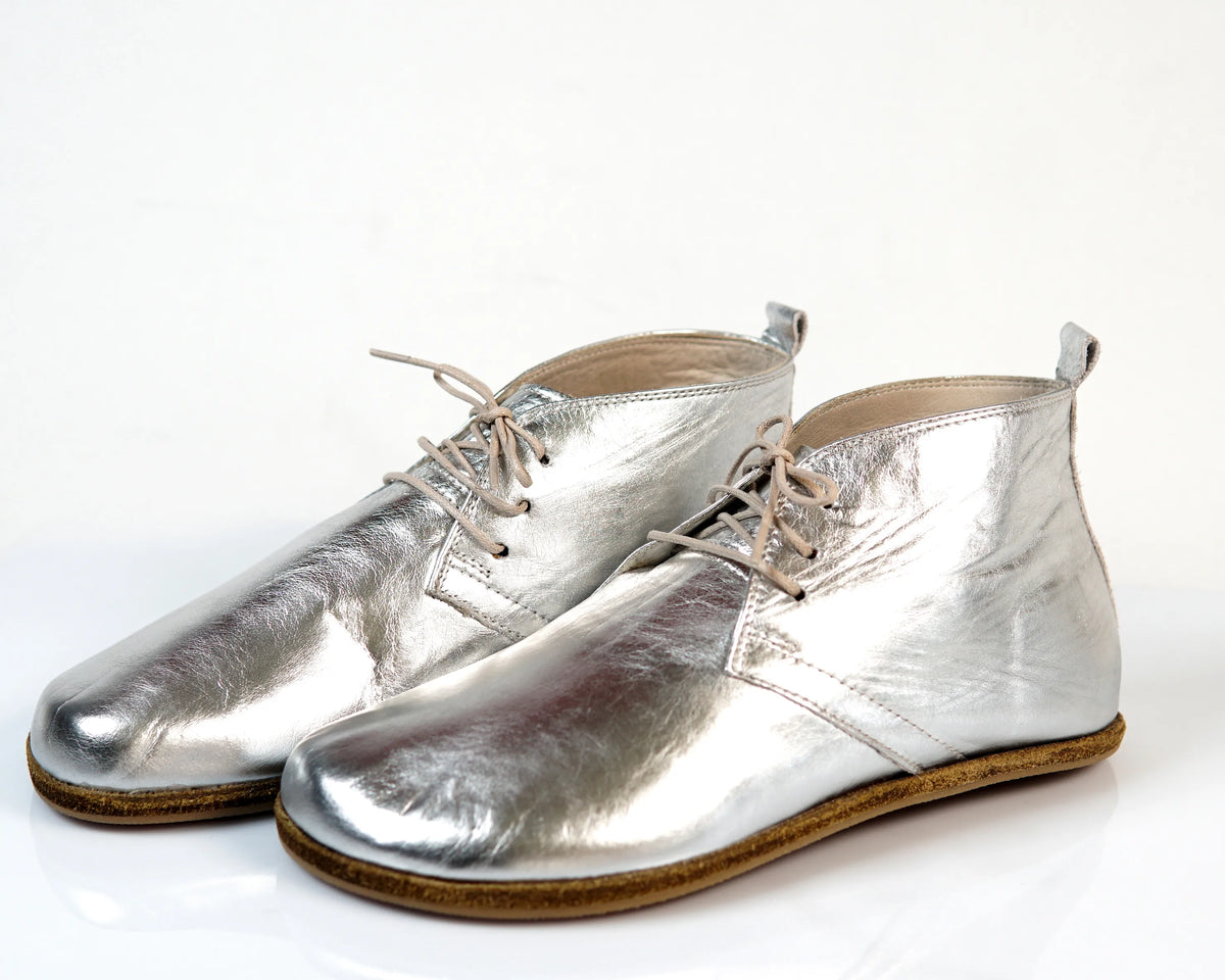 Bright Barefoot Bootie Leather Shoes – Classic Sole — Leather Sole – Silver