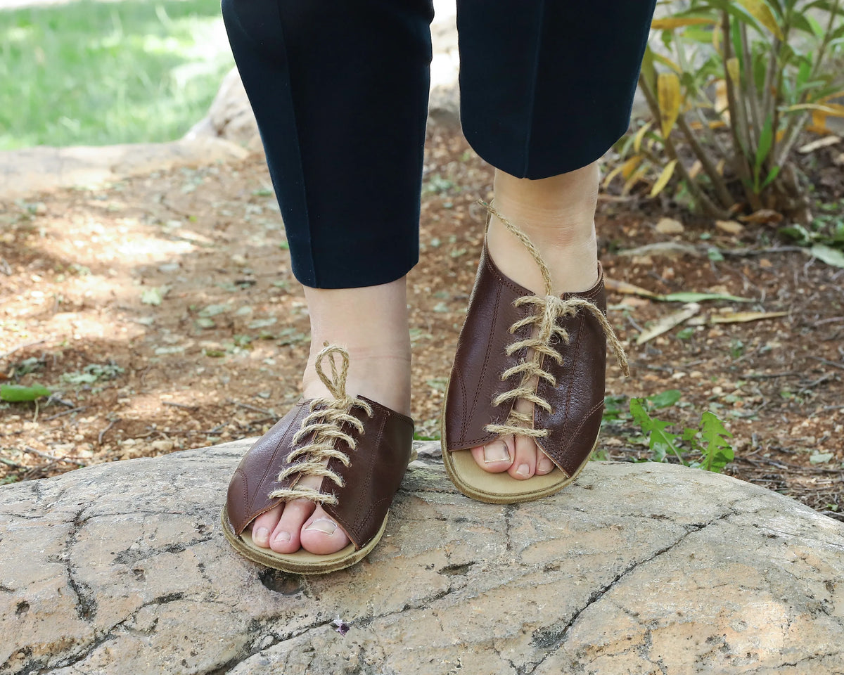 Smooth Barefoot Laces Sandals Shoes – Classic Sole — Leather Sole – Dark Brown
